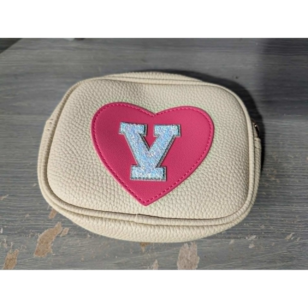 Kids Cream Faux Leather Heart Glitter Letter V Crossbody Bag Pouch Cream Pink